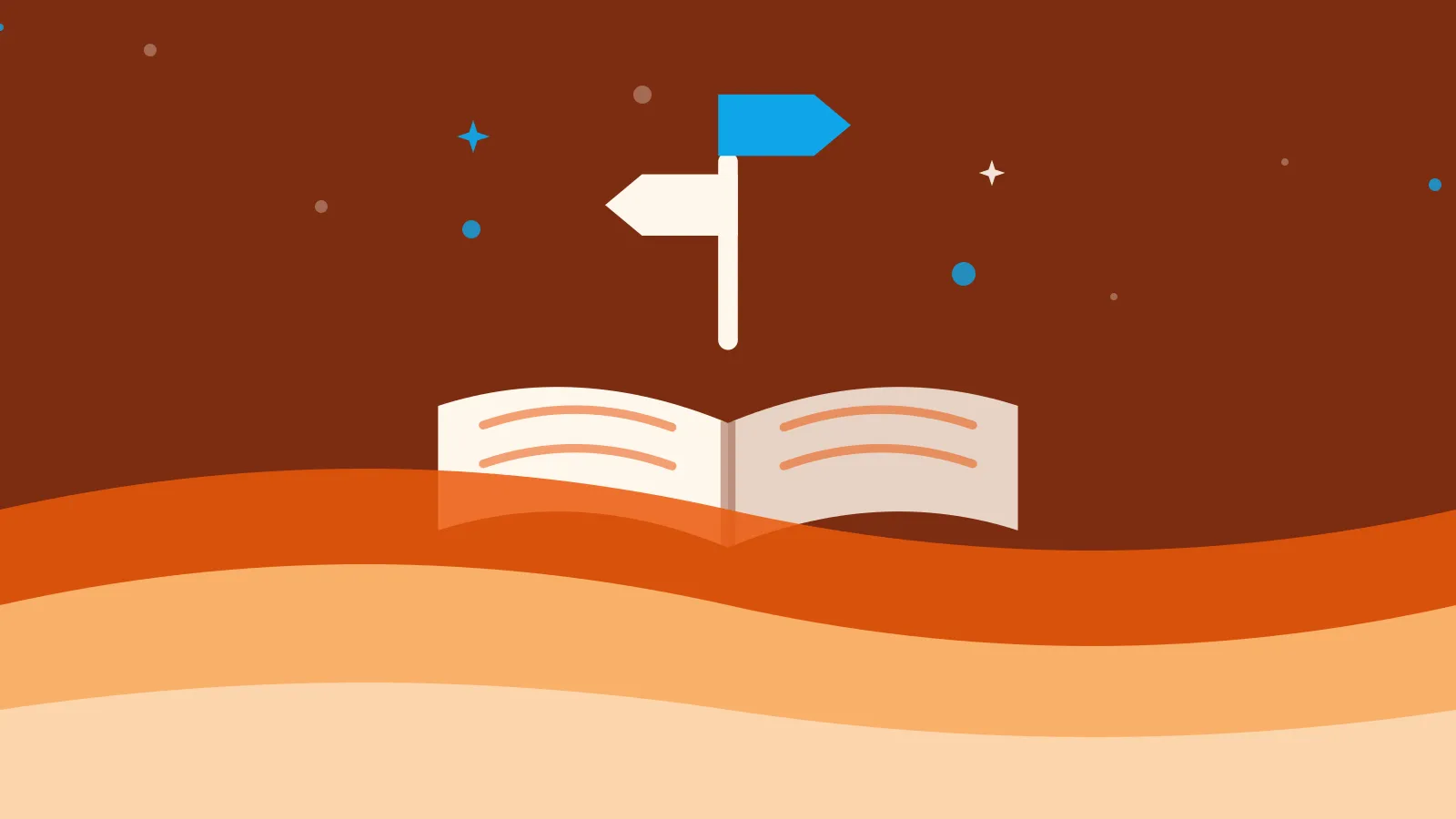 Illustration of a signpost pointing two ways above an open book, on warm orange waves