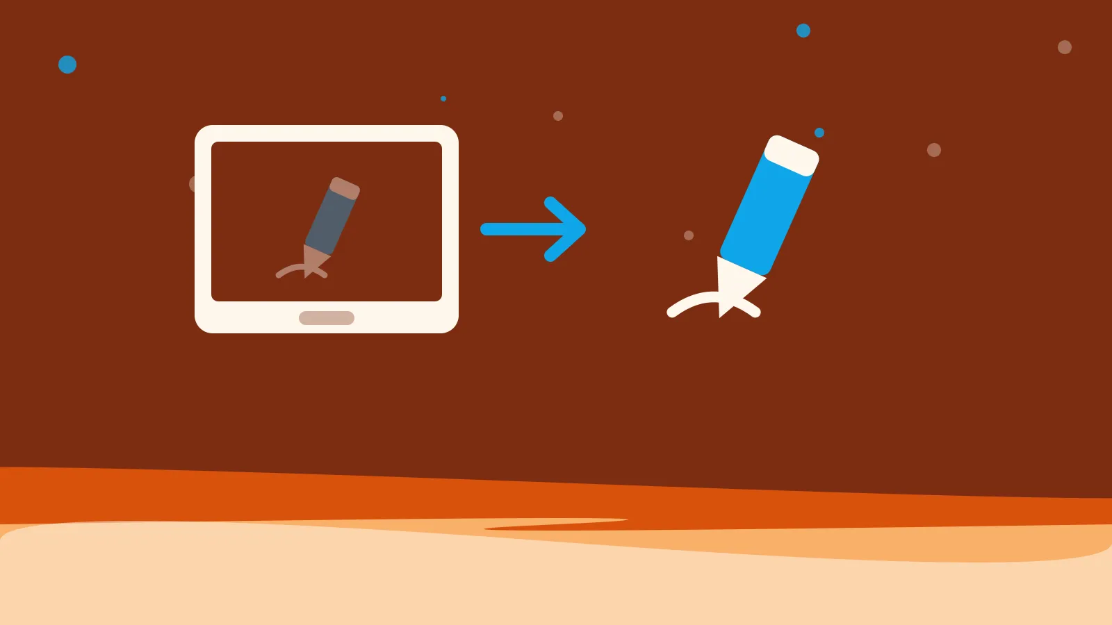 Illustration of a crayon stepping out of a screen, on warm orange waves