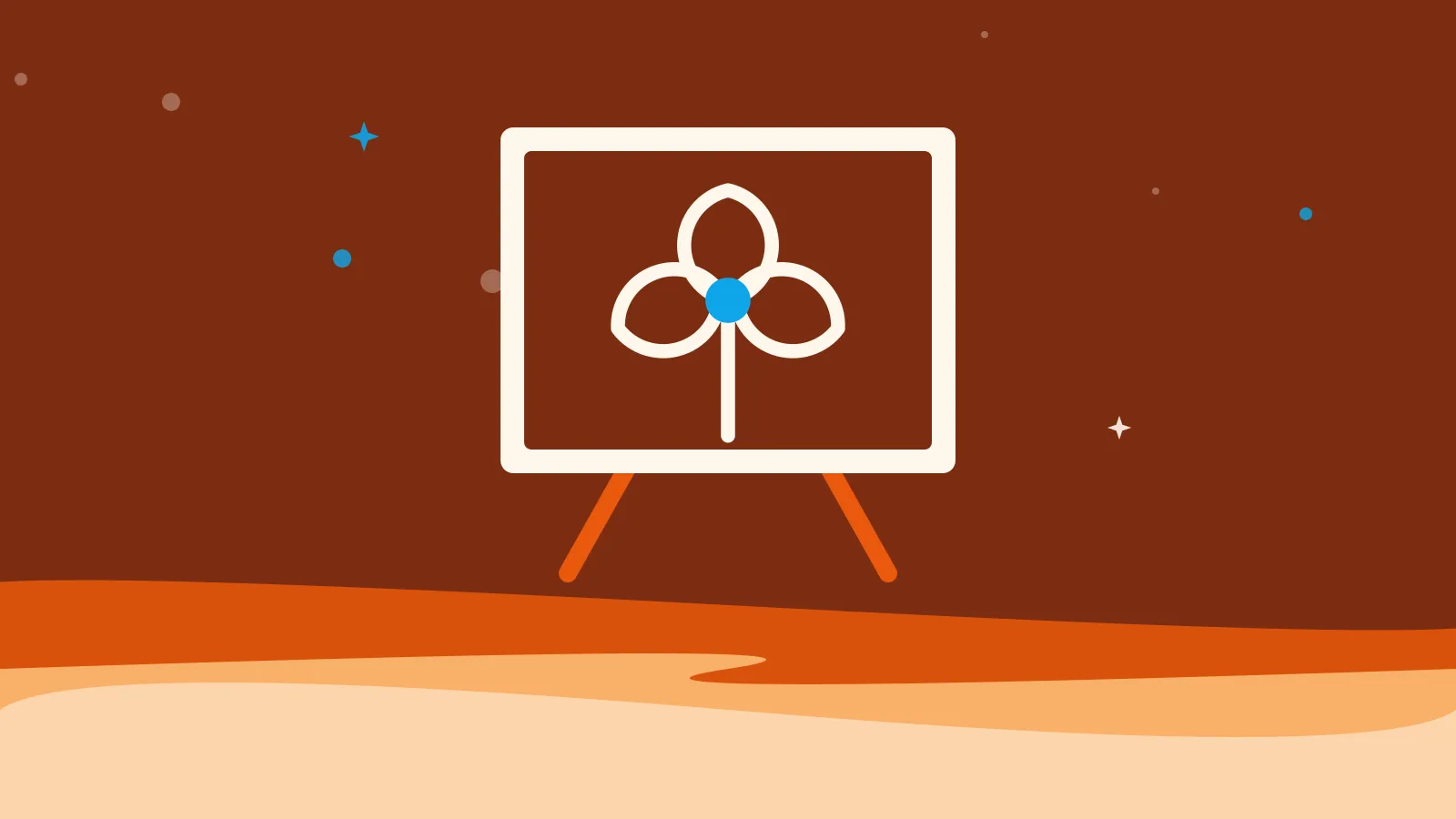 Illustration of a flower drawn as an uncoloured outline on a canvas and easel, on warm orange waves
