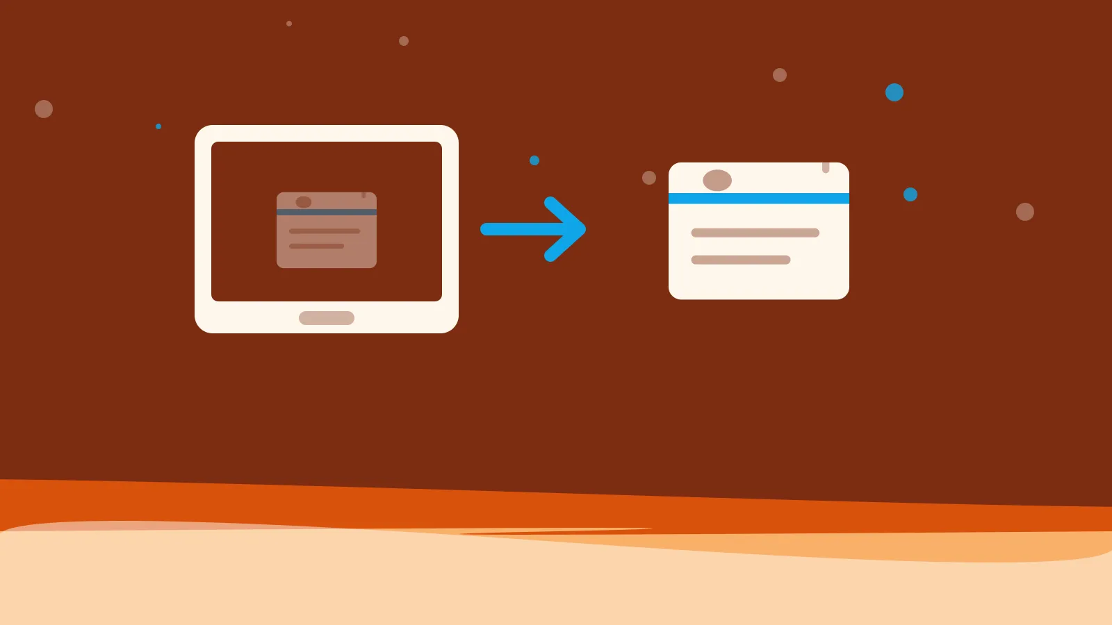 Illustration of a recipe card stepping out of a screen, on warm orange waves