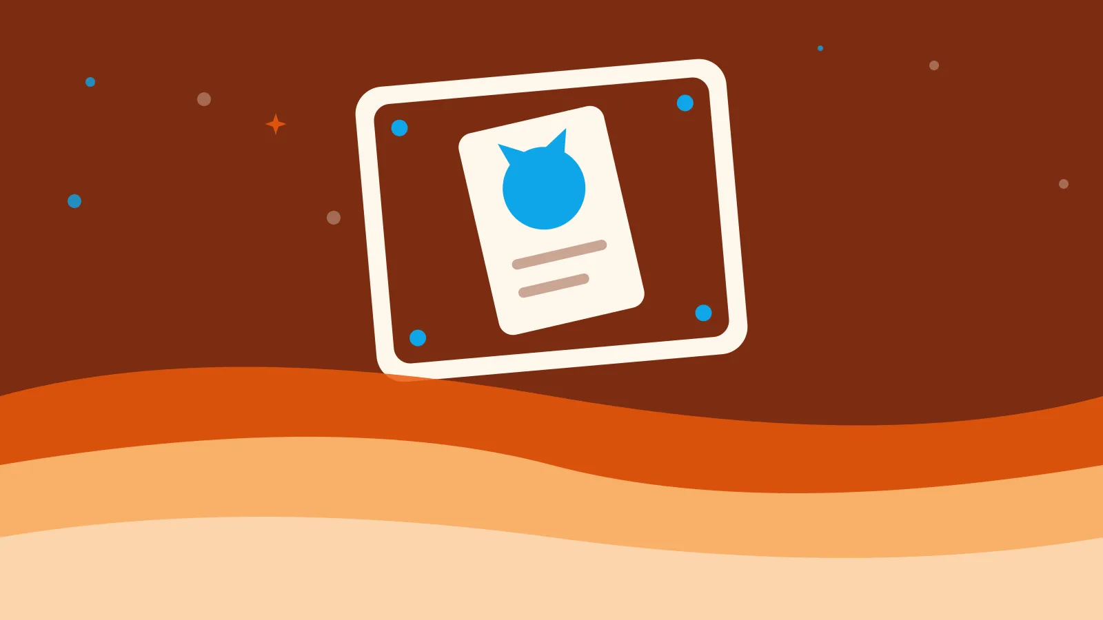 Illustration of a creature card on a tilted game tile, on warm orange waves