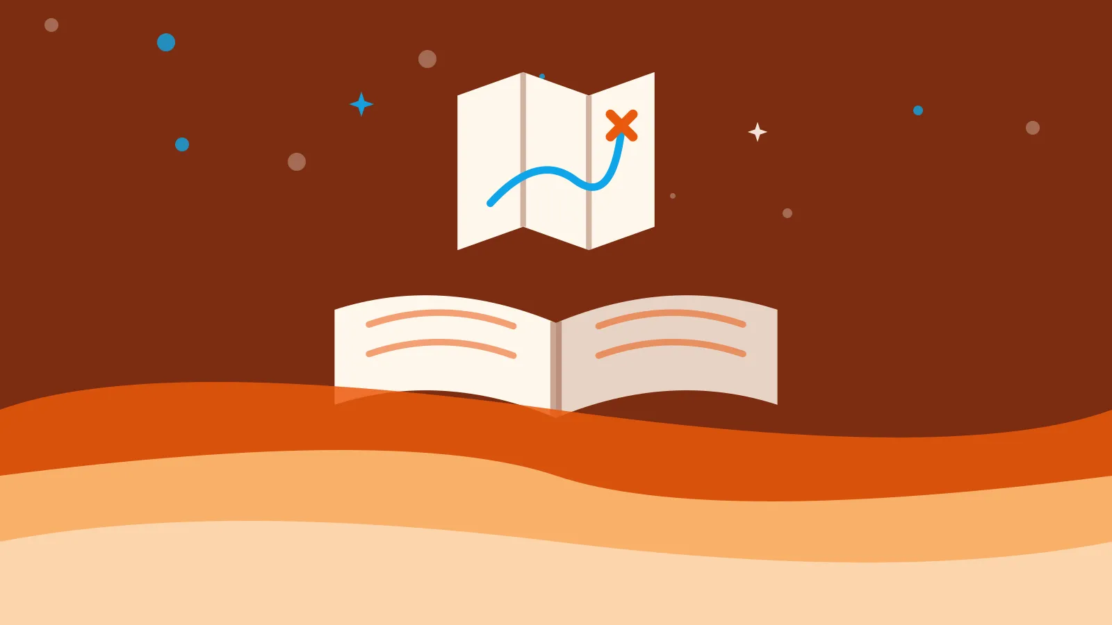 Illustration of a folded treasure map with a dotted path above an open book, on warm orange waves