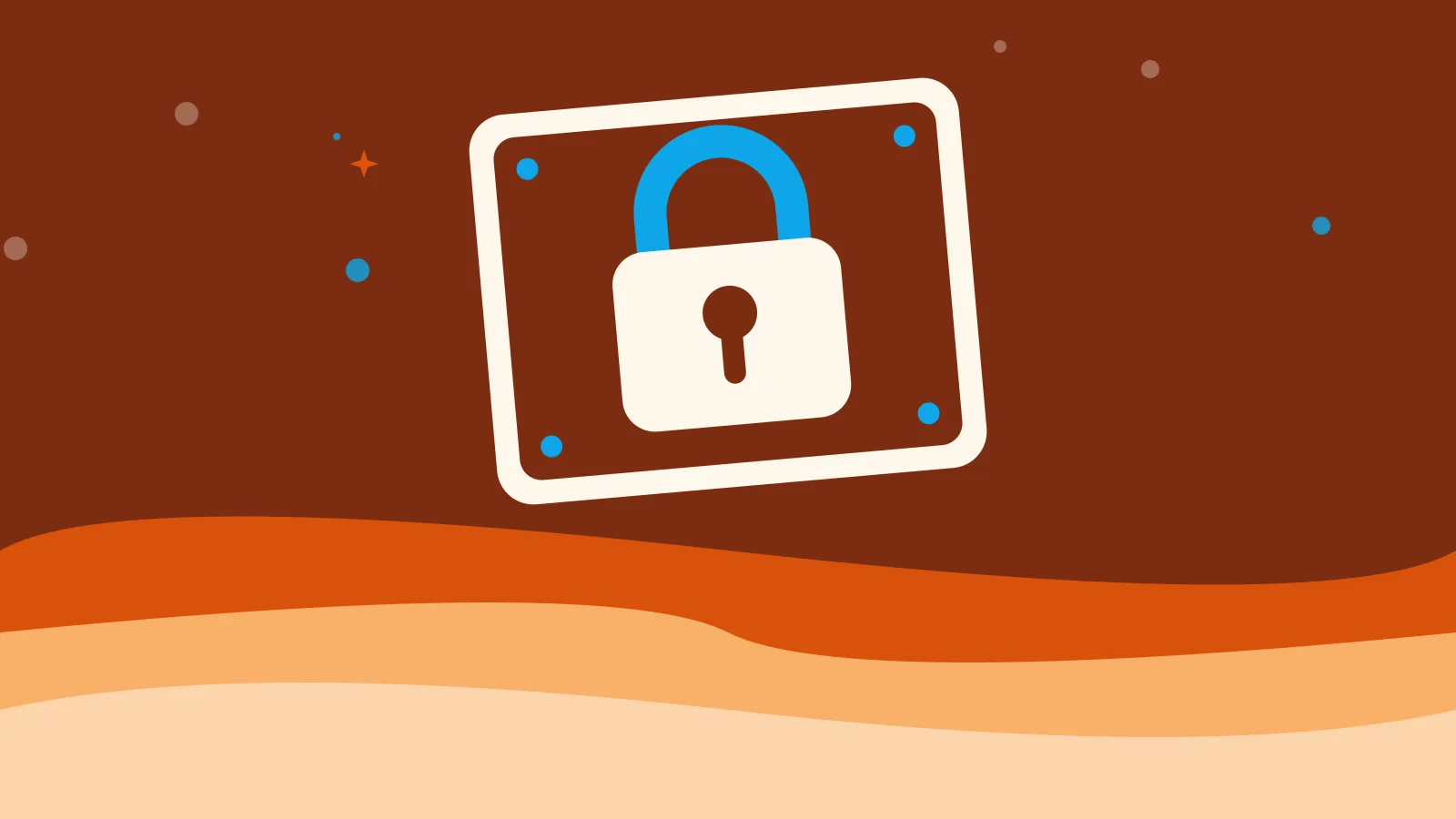 Illustration of a padlock on a tilted game tile, on warm orange waves