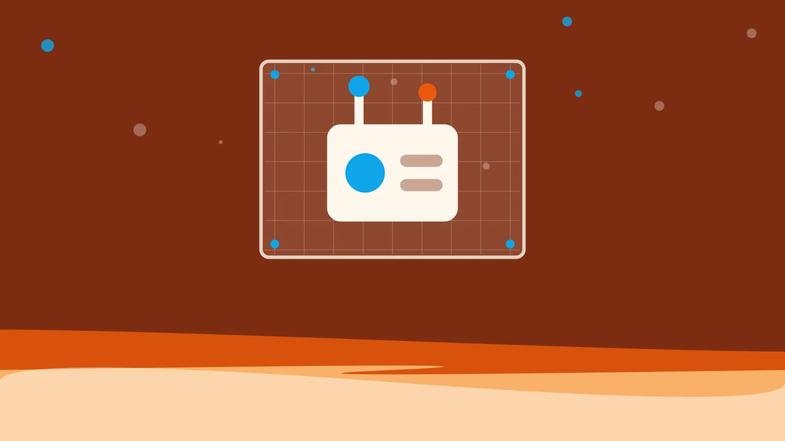Illustration of a gadget with a dial and antenna drafted on a blueprint sheet, on warm orange waves