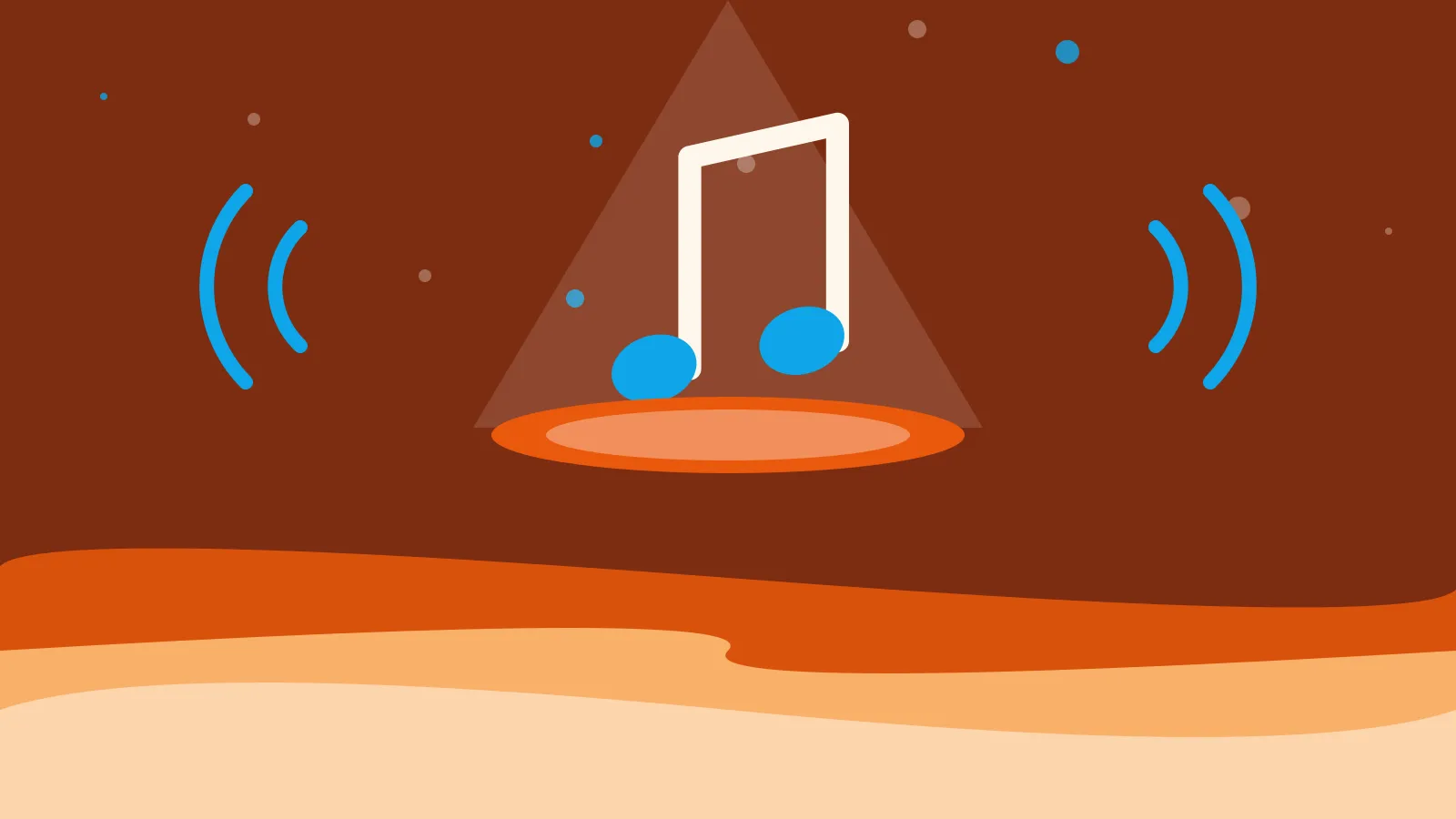 Illustration of a musical note lit by a stage spotlight, on warm orange waves