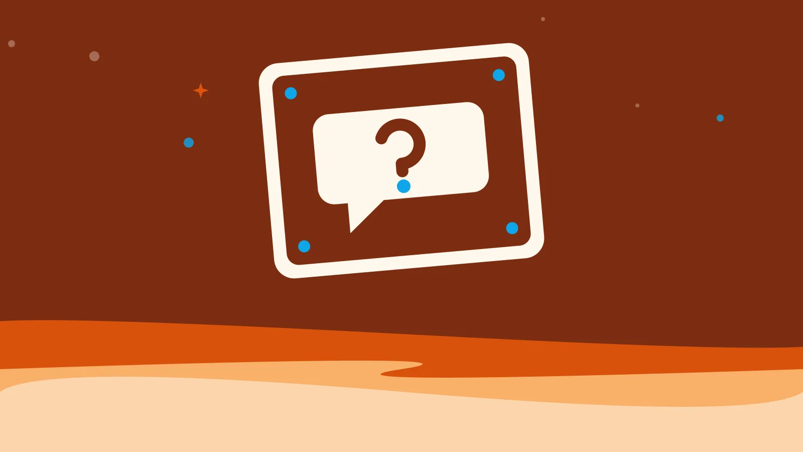 Illustration of a speech bubble with a question mark on a tilted game tile, on warm orange waves