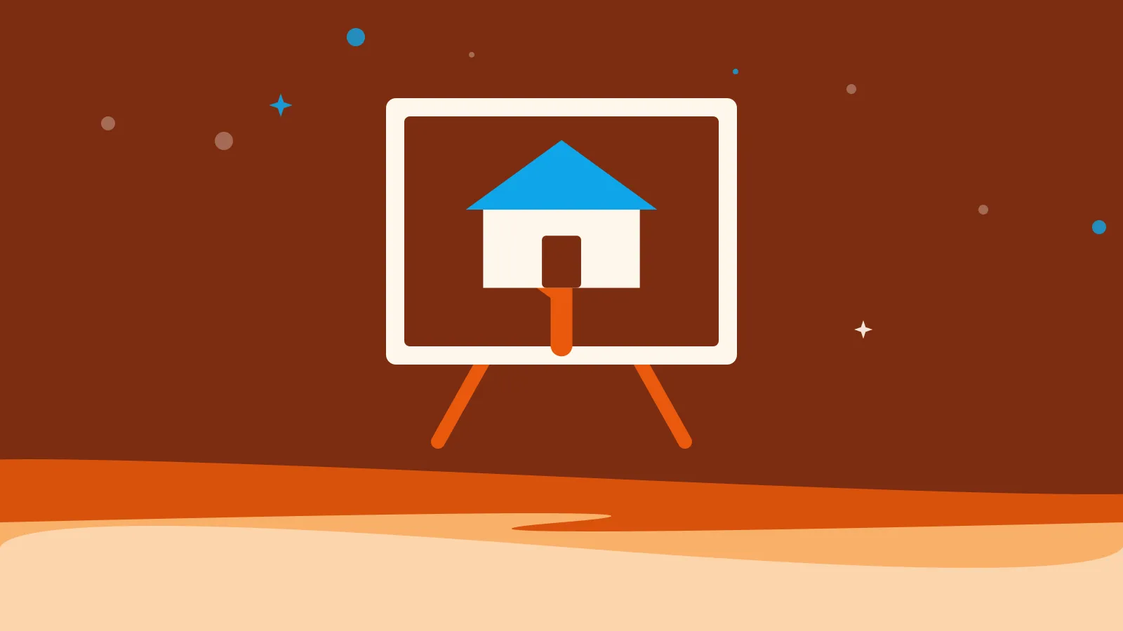 Illustration of a treehouse with a blue roof on a canvas and easel, on warm orange waves