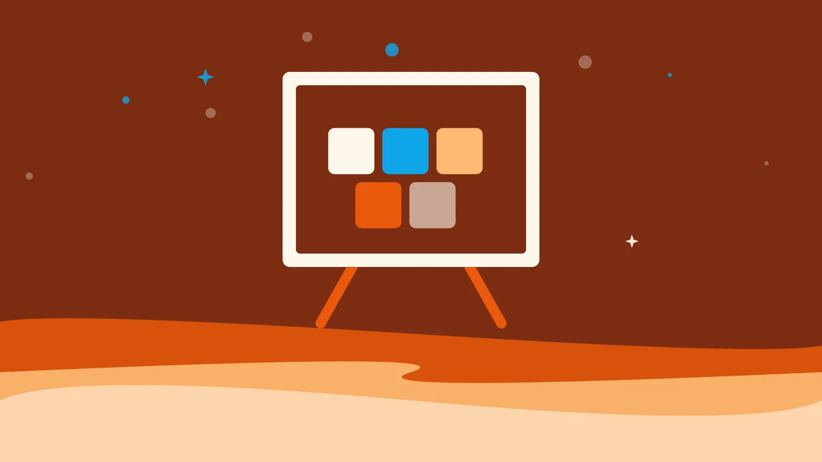 Illustration of five coloured swatches on a canvas and easel, on warm orange waves