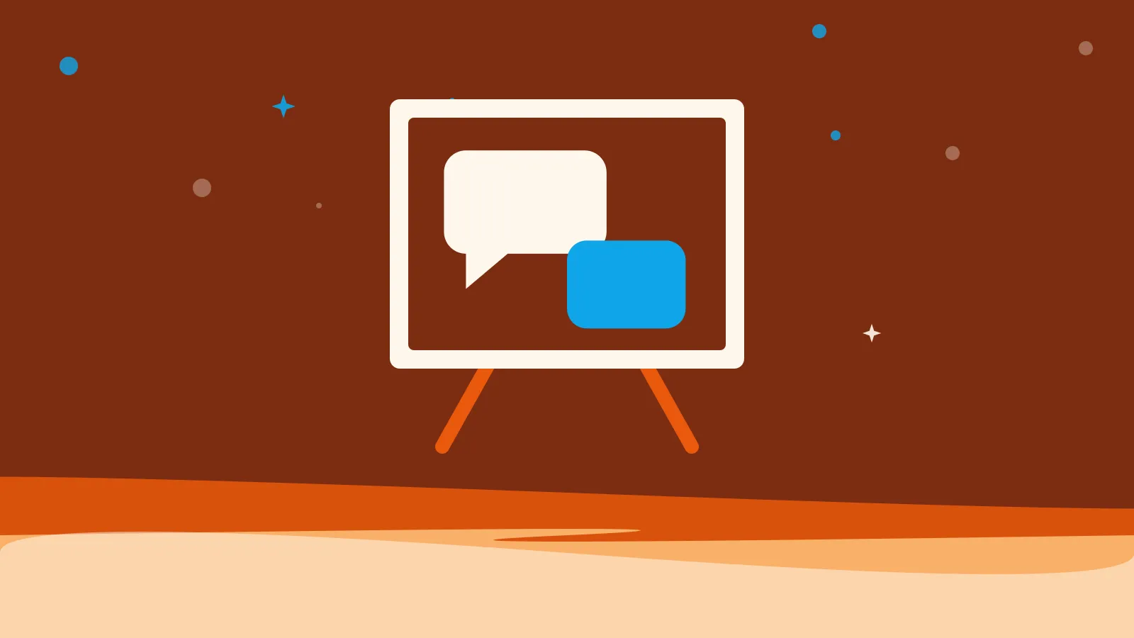 Illustration of two speech bubbles on a canvas and easel, on warm orange waves
