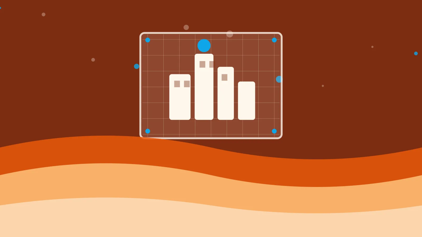 Illustration of a city skyline drafted on a blueprint sheet, on warm orange waves