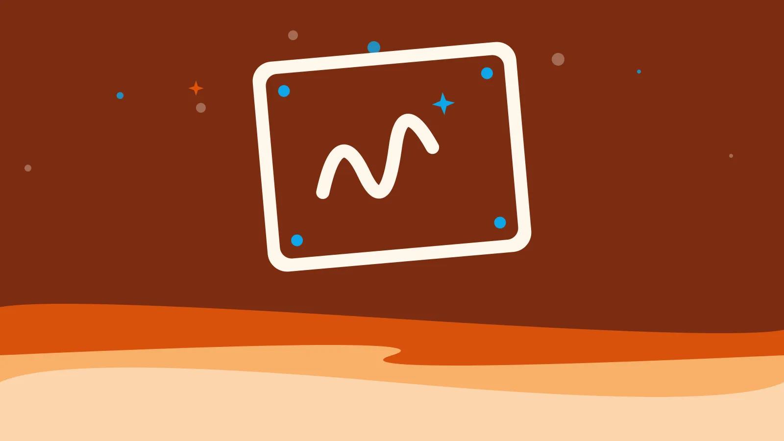 Illustration of a scribbled line on a tilted game tile, on warm orange waves