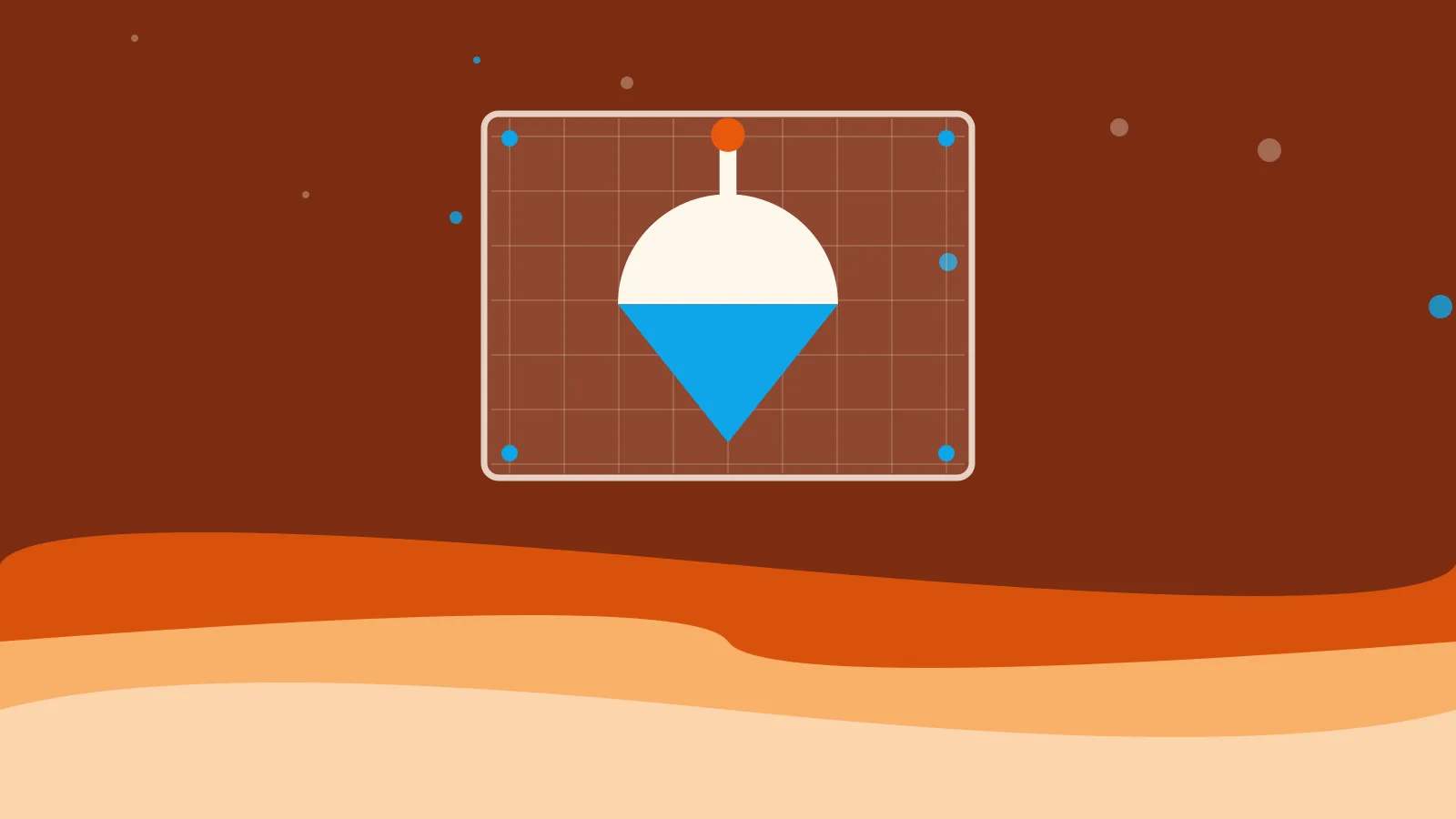 Illustration of a spinning top toy drafted on a blueprint sheet, on warm orange waves