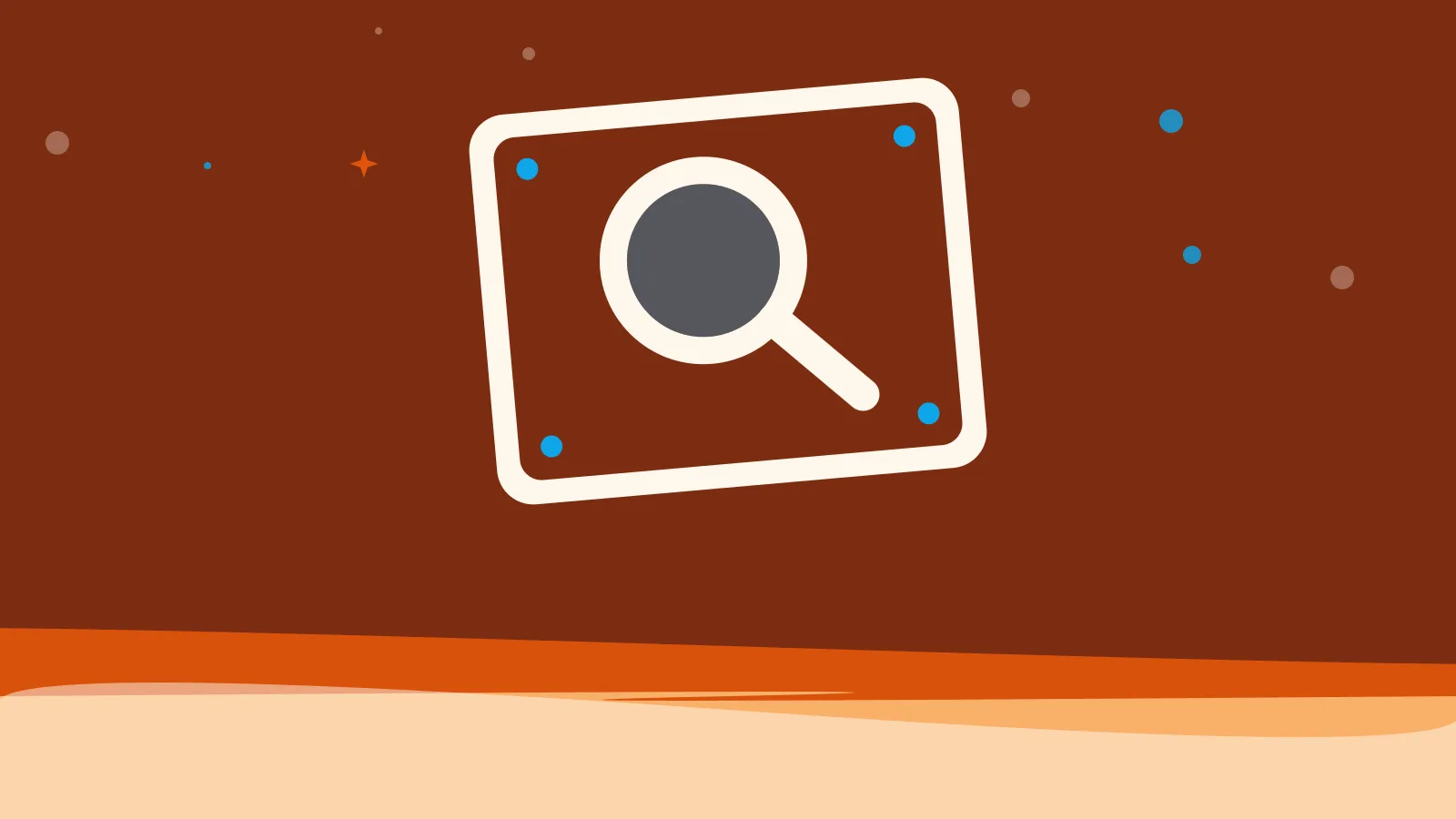 Illustration of a magnifying glass on a tilted game tile, on warm orange waves