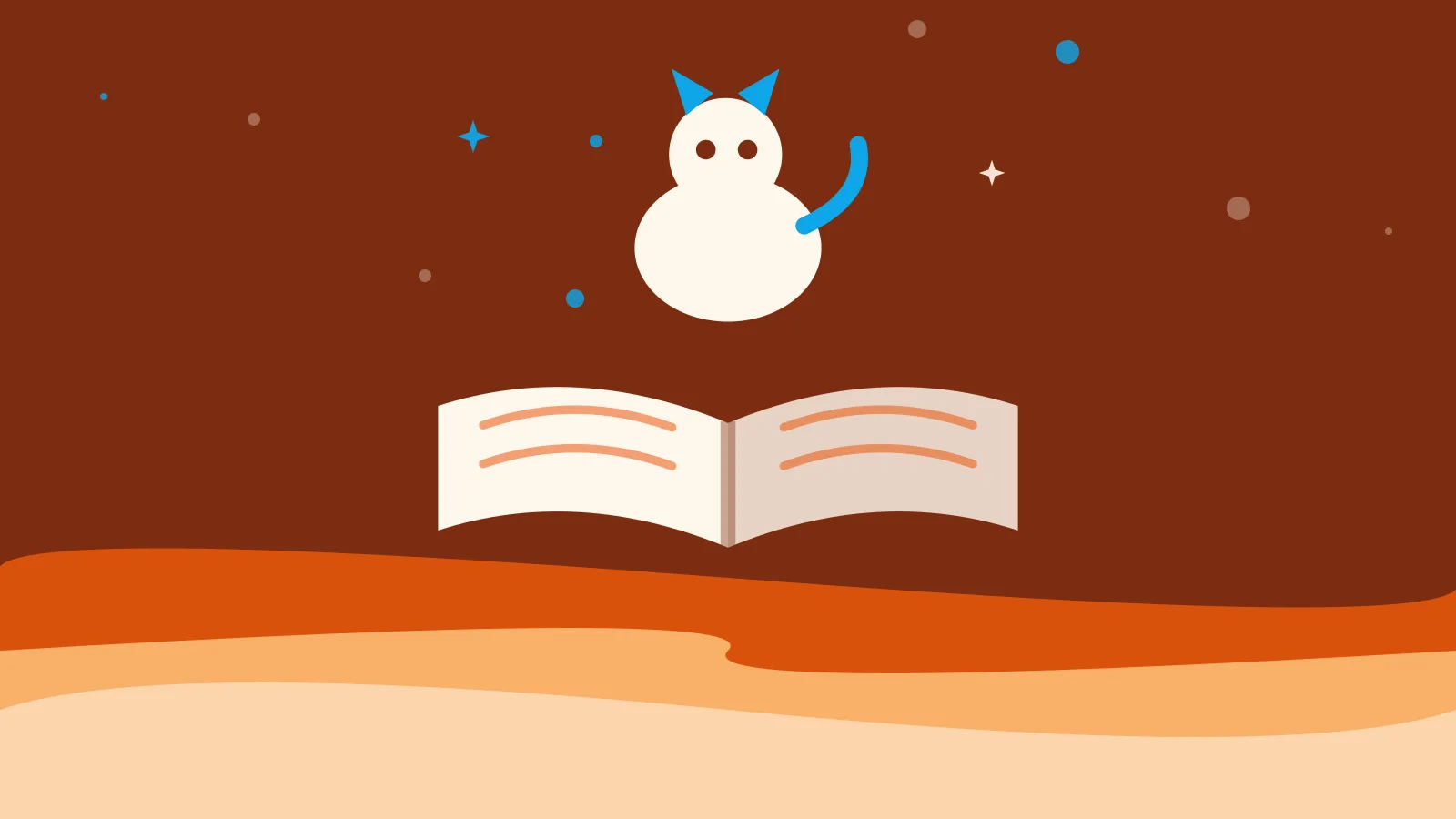 Illustration of an invented creature with horns and wings above an open book, on warm orange waves