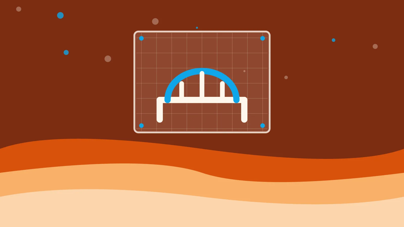 Illustration of an arch bridge drafted on a blueprint sheet, on warm orange waves