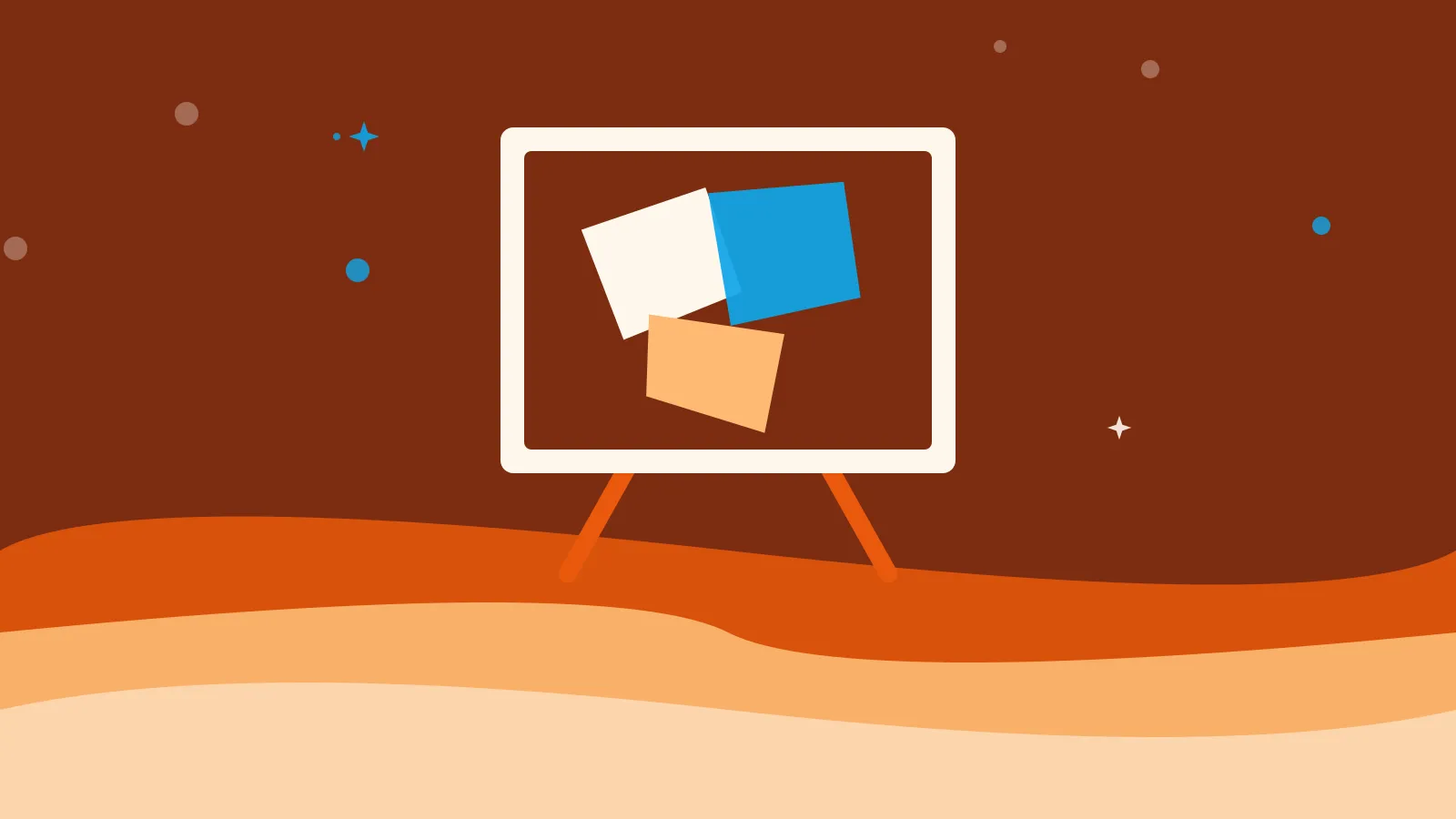 Illustration of three overlapping torn paper shapes on a canvas and easel, on warm orange waves