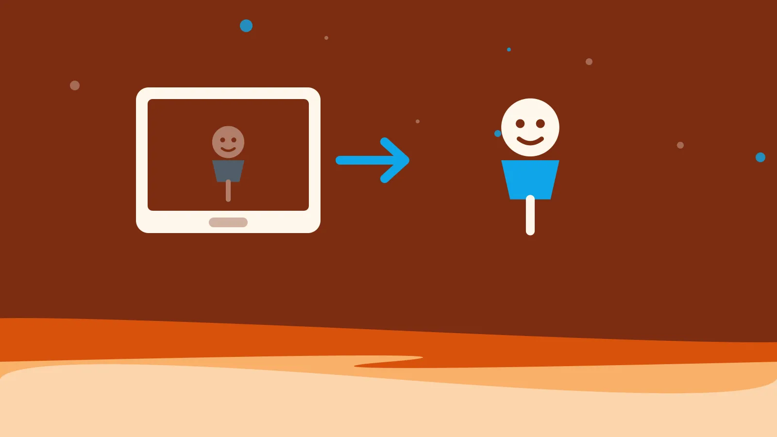 Illustration of a paper puppet on a stick stepping out of a screen, on warm orange waves