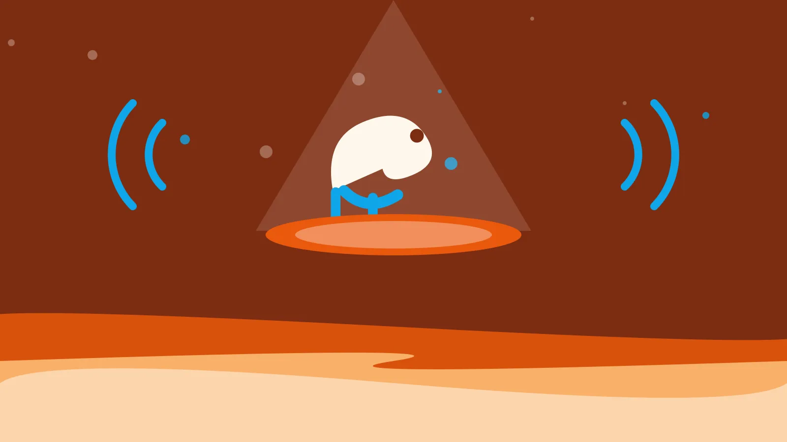 Illustration of a sock puppet lit by a stage spotlight, on warm orange waves