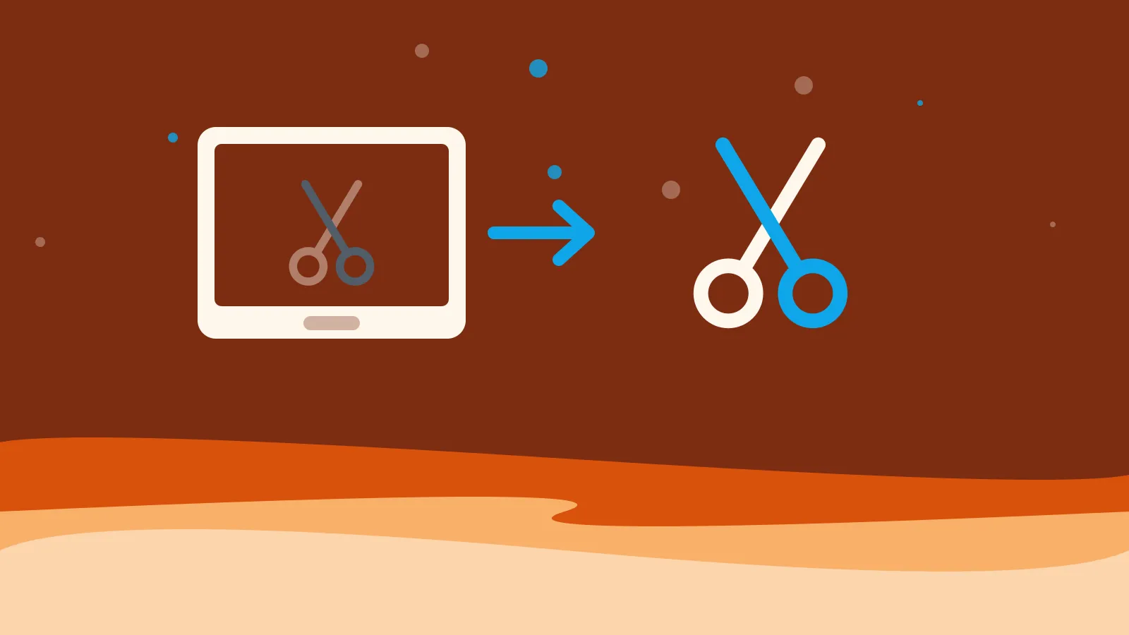 Illustration of scissors stepping out of a screen, on warm orange waves