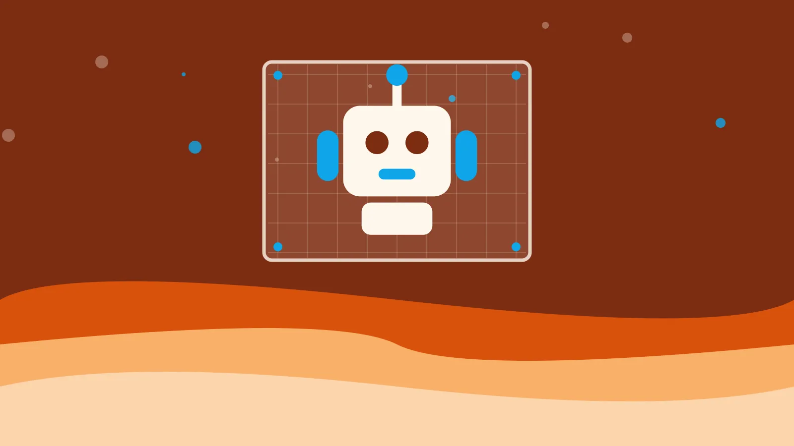 Illustration of a robot drafted on a blueprint sheet, on warm orange waves