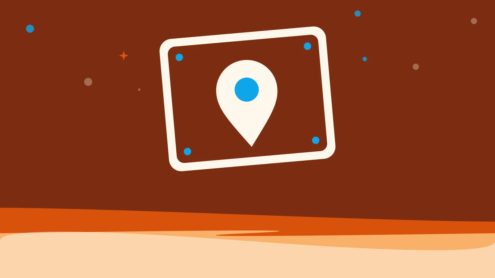 Illustration of a map pin on a tilted game tile, on warm orange waves