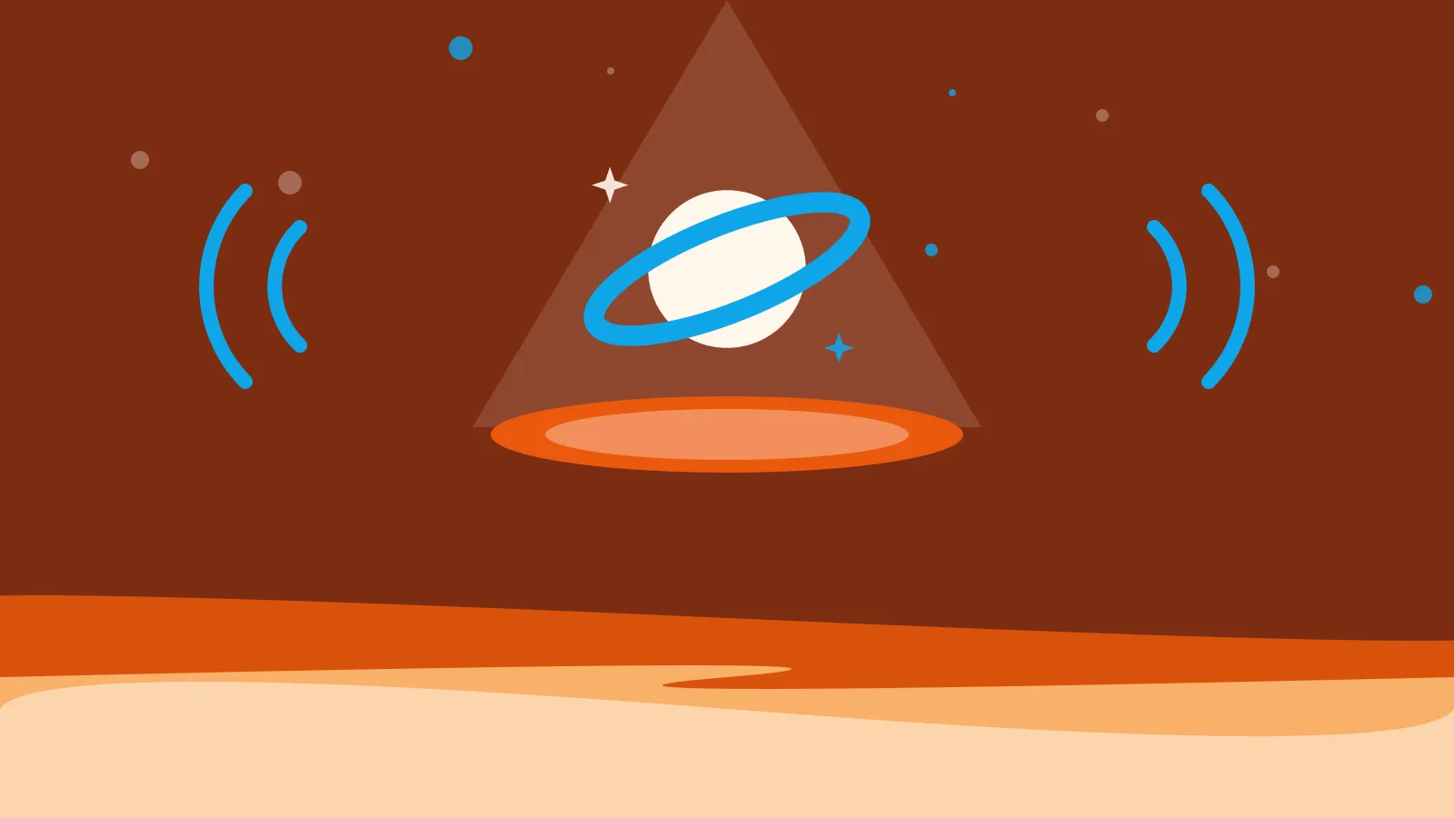Illustration of a ringed planet lit by a stage spotlight, on warm orange waves