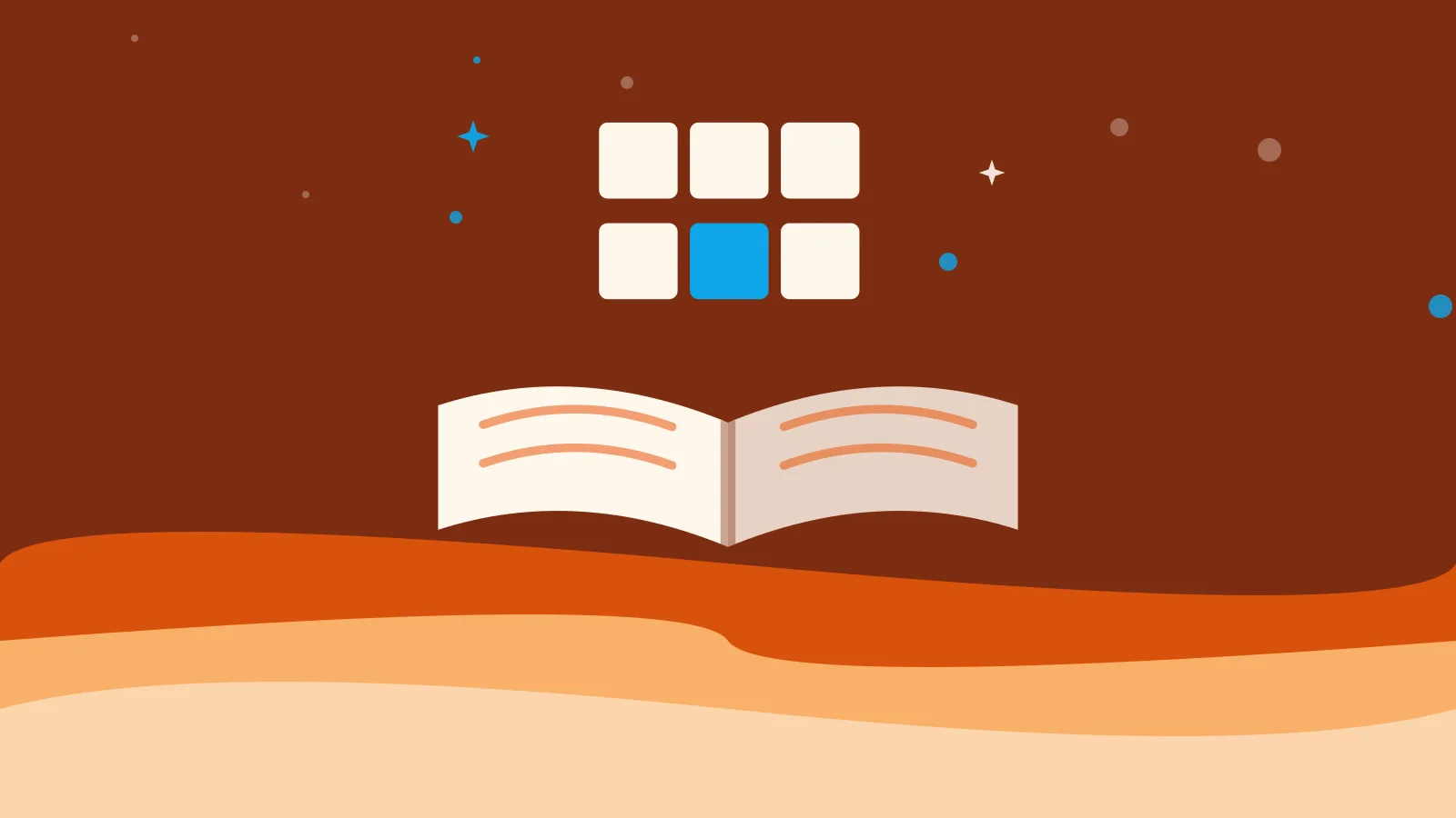 Illustration of a six-panel comic grid above an open book, on warm orange waves