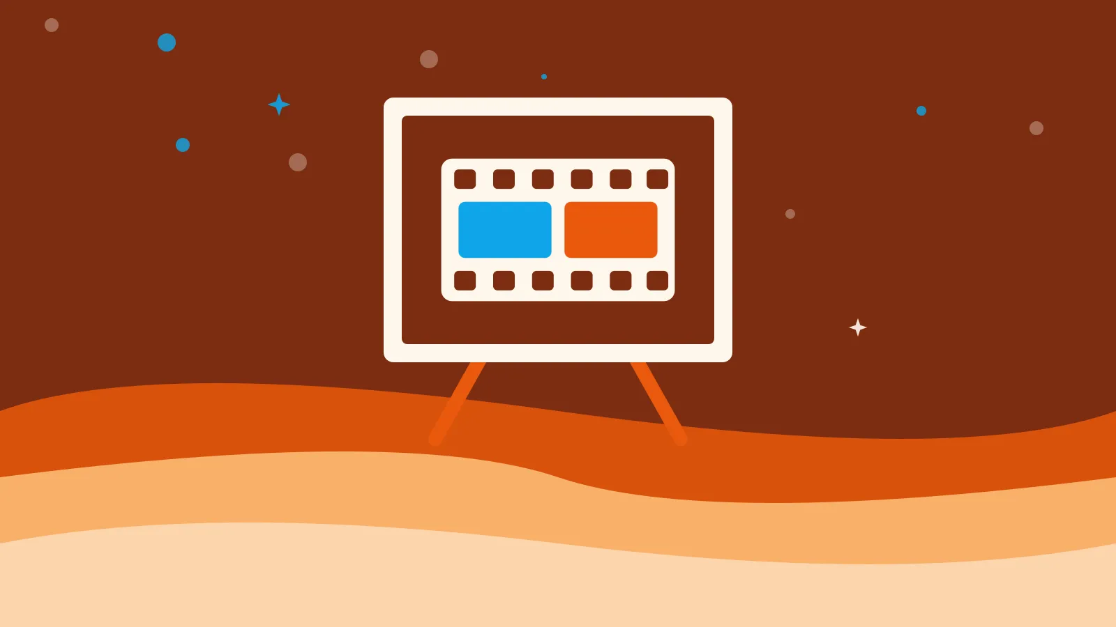 Illustration of a film strip with two coloured frames on a canvas and easel, on warm orange waves