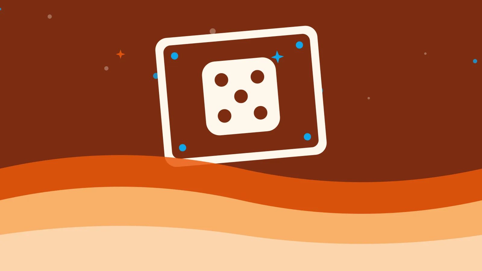 Illustration of a die showing five pips on a tilted game tile, on warm orange waves
