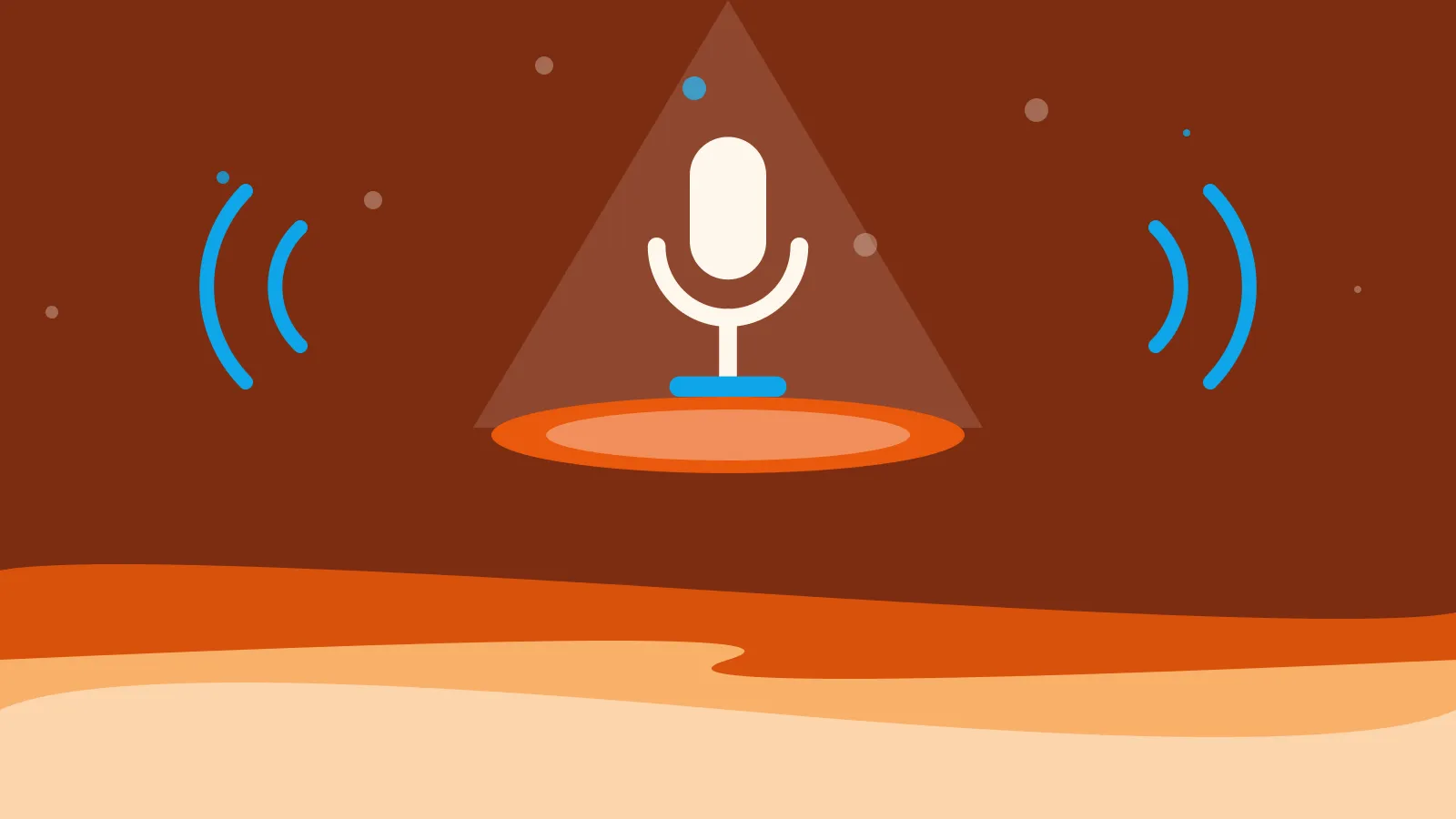 Illustration of a microphone lit by a stage spotlight, on warm orange waves