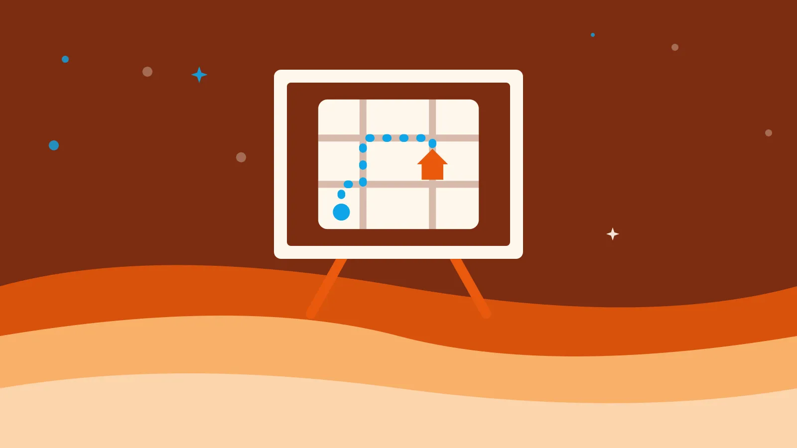 Illustration of a street grid with a dotted route leading to a small house, on an easel canvas, on warm orange waves