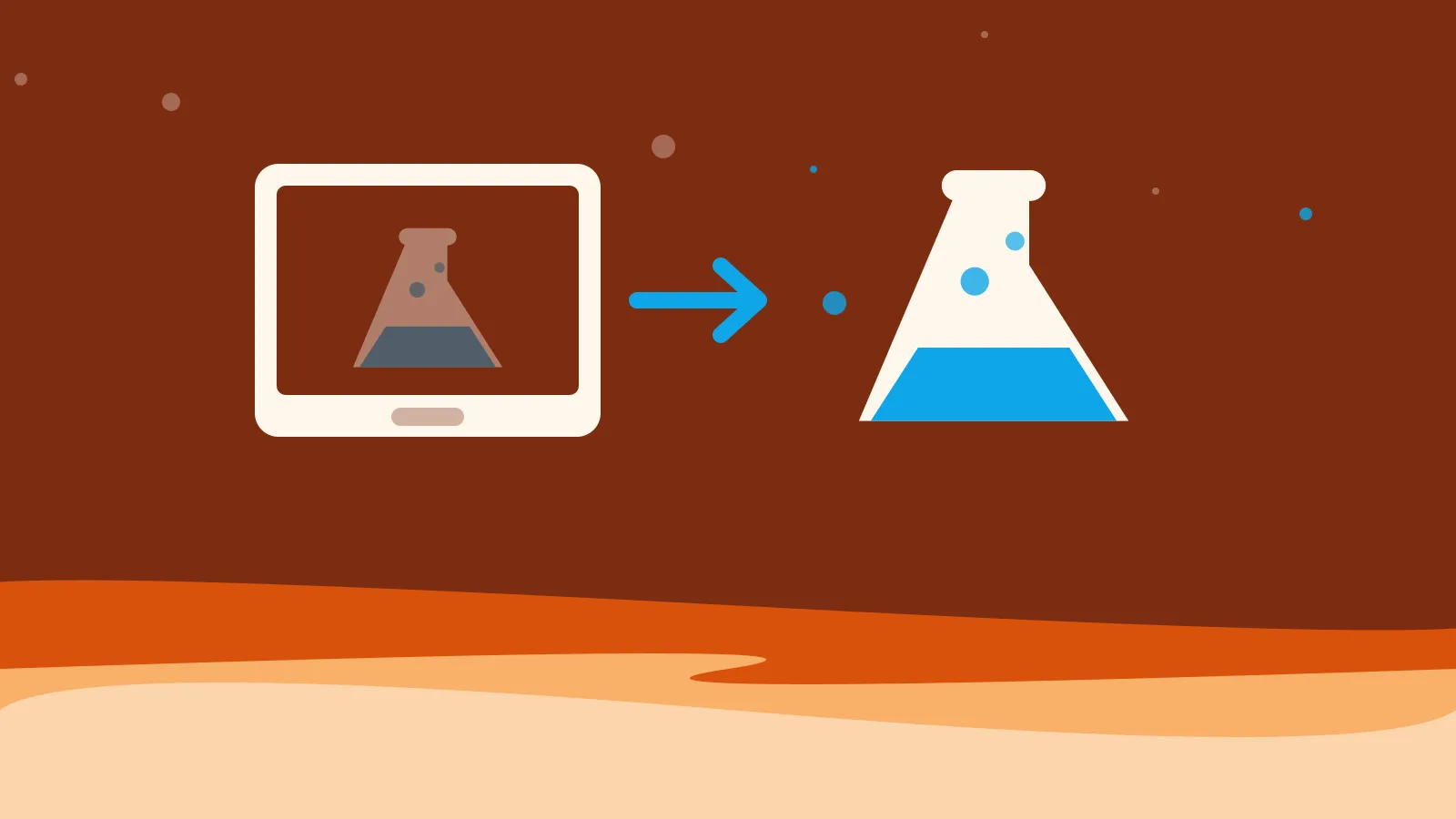 Illustration of a bubbling flask stepping out of a screen, on warm orange waves