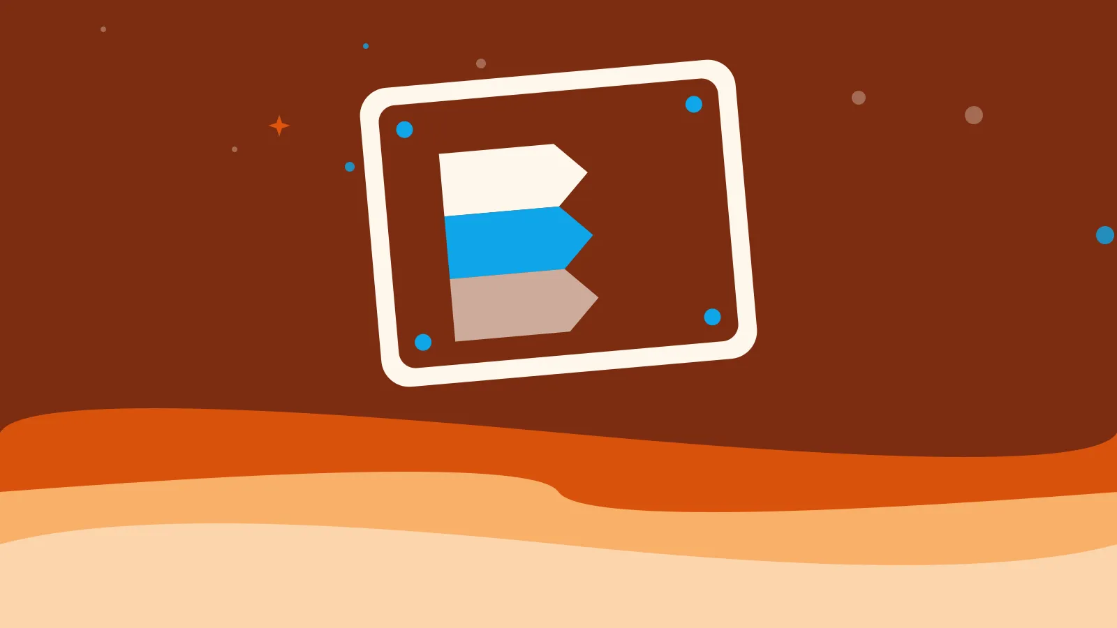 Illustration of three clue tags stacked on a tilted game tile, on warm orange waves