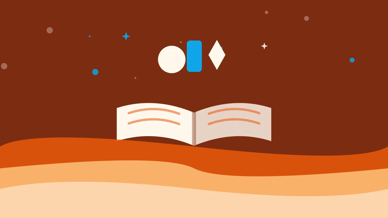 Illustration of three household objects in a row above an open book, on warm orange waves