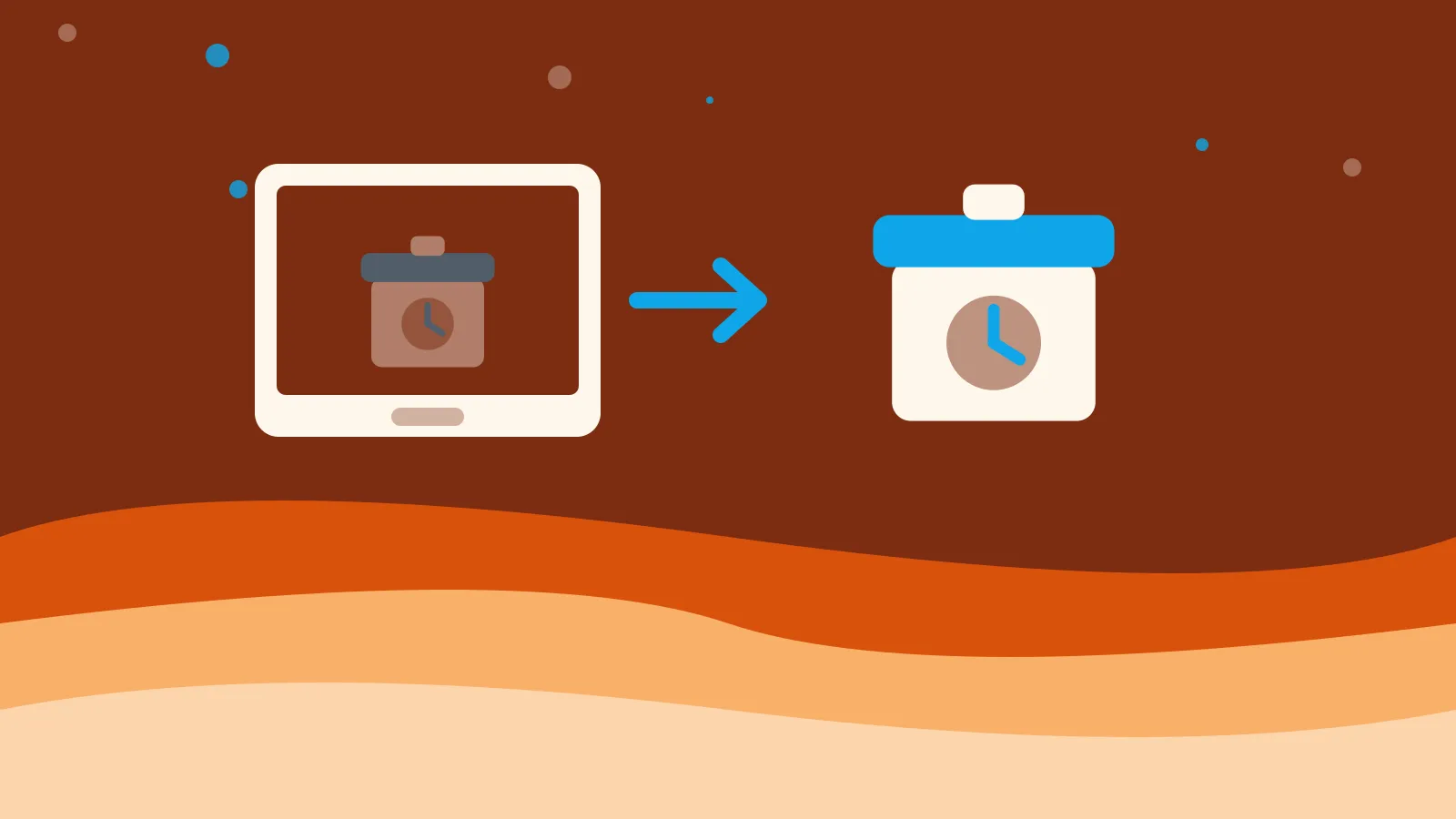 Illustration of a lidded tin with a clock face stepping out of a screen, on warm orange waves