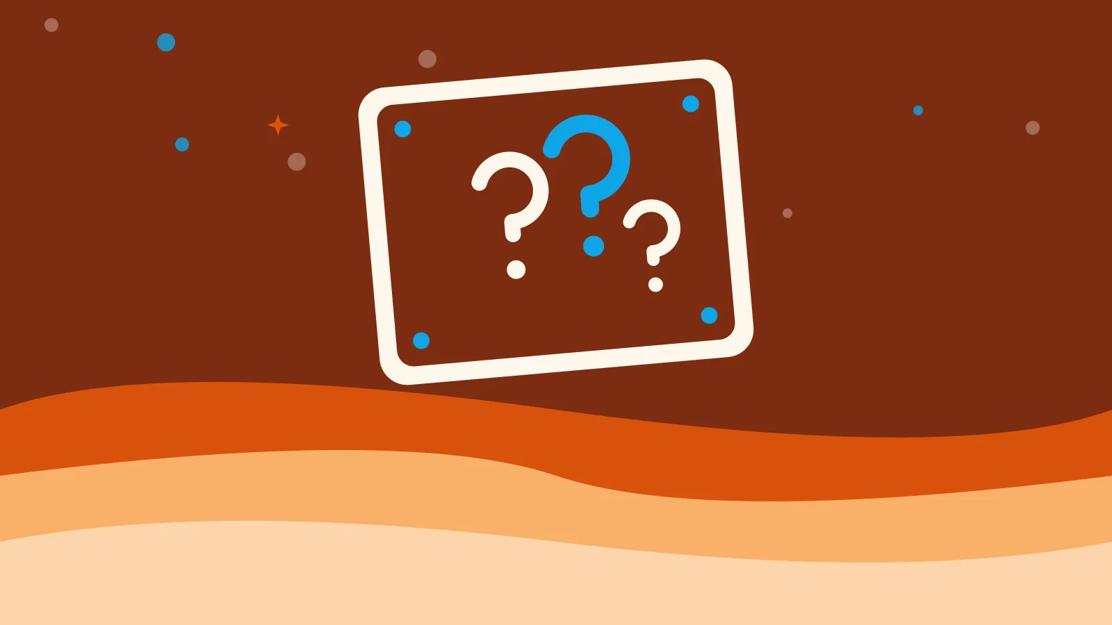 Illustration of three question marks on a tilted game tile, on warm orange waves