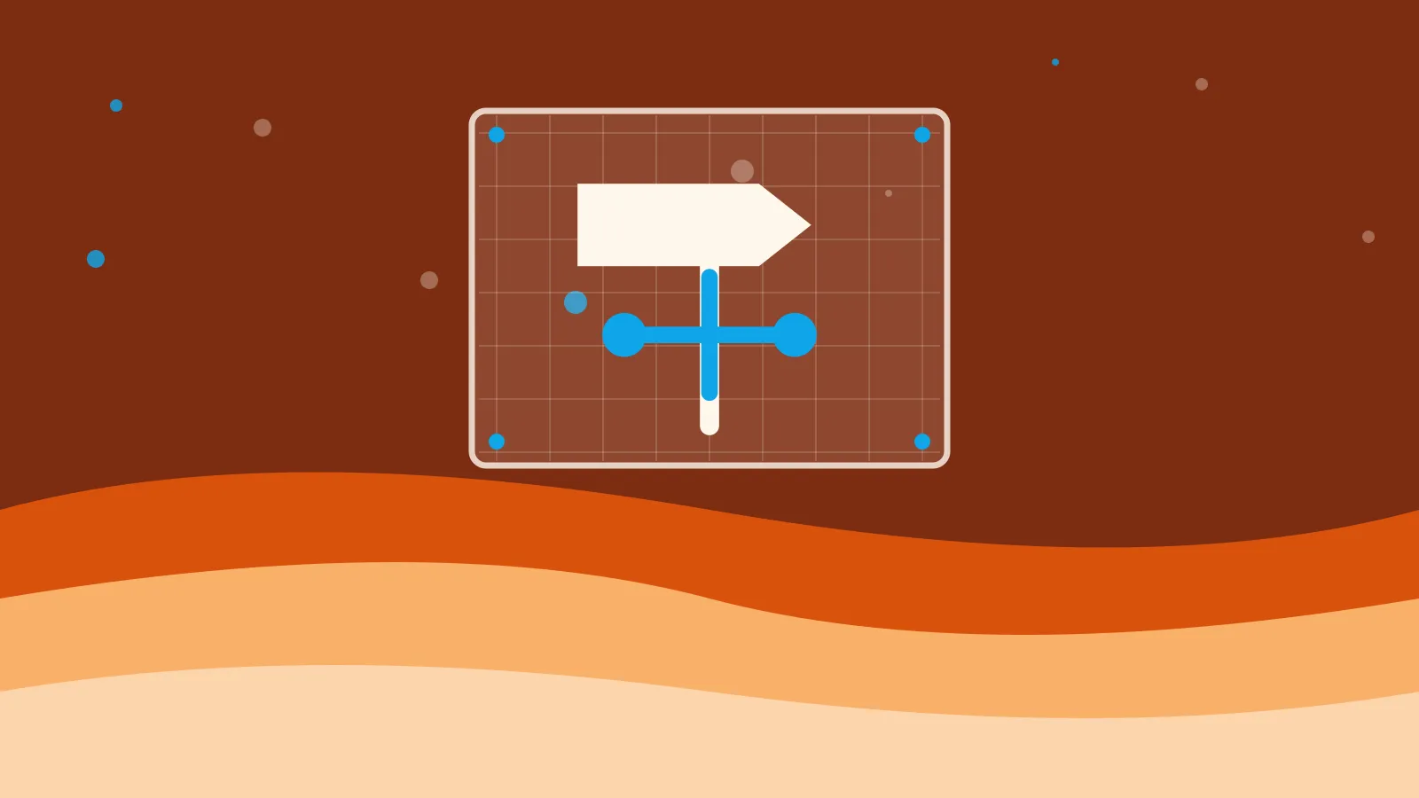 Illustration of a weather vane with cups drafted on a blueprint sheet, on warm orange waves