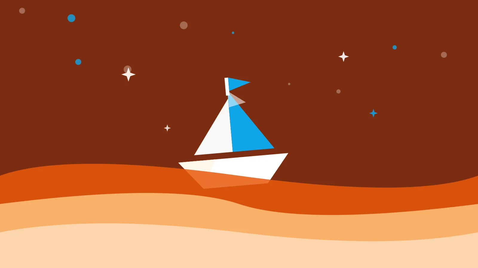 Illustration of a paper boat with bright blue sails riding warm orange waves under sparkling stars