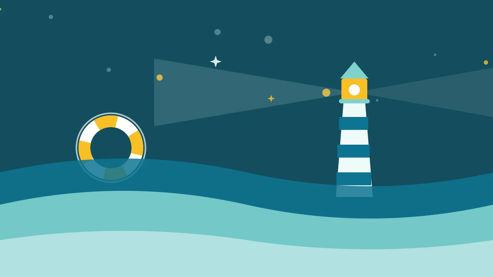 Illustration of a striped lighthouse shining over calm teal waves with a life ring floating nearby