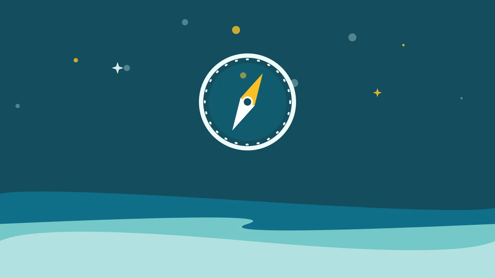 Illustration of a compass rose floating above calm teal ocean waves