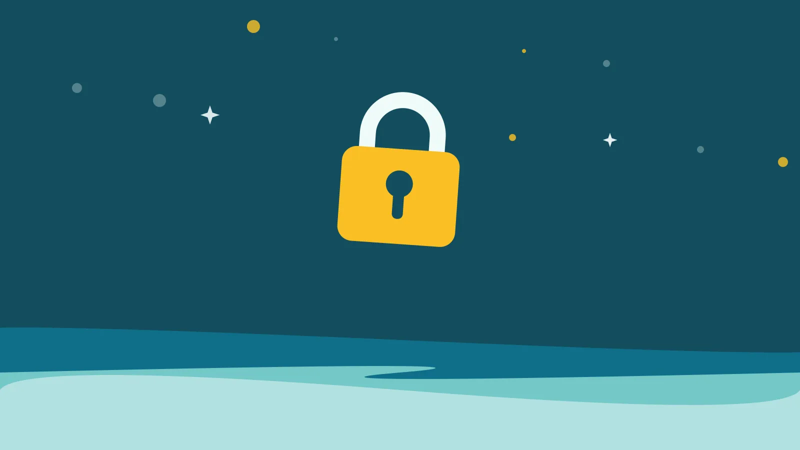 Illustration of a golden padlock floating above calm teal ocean waves