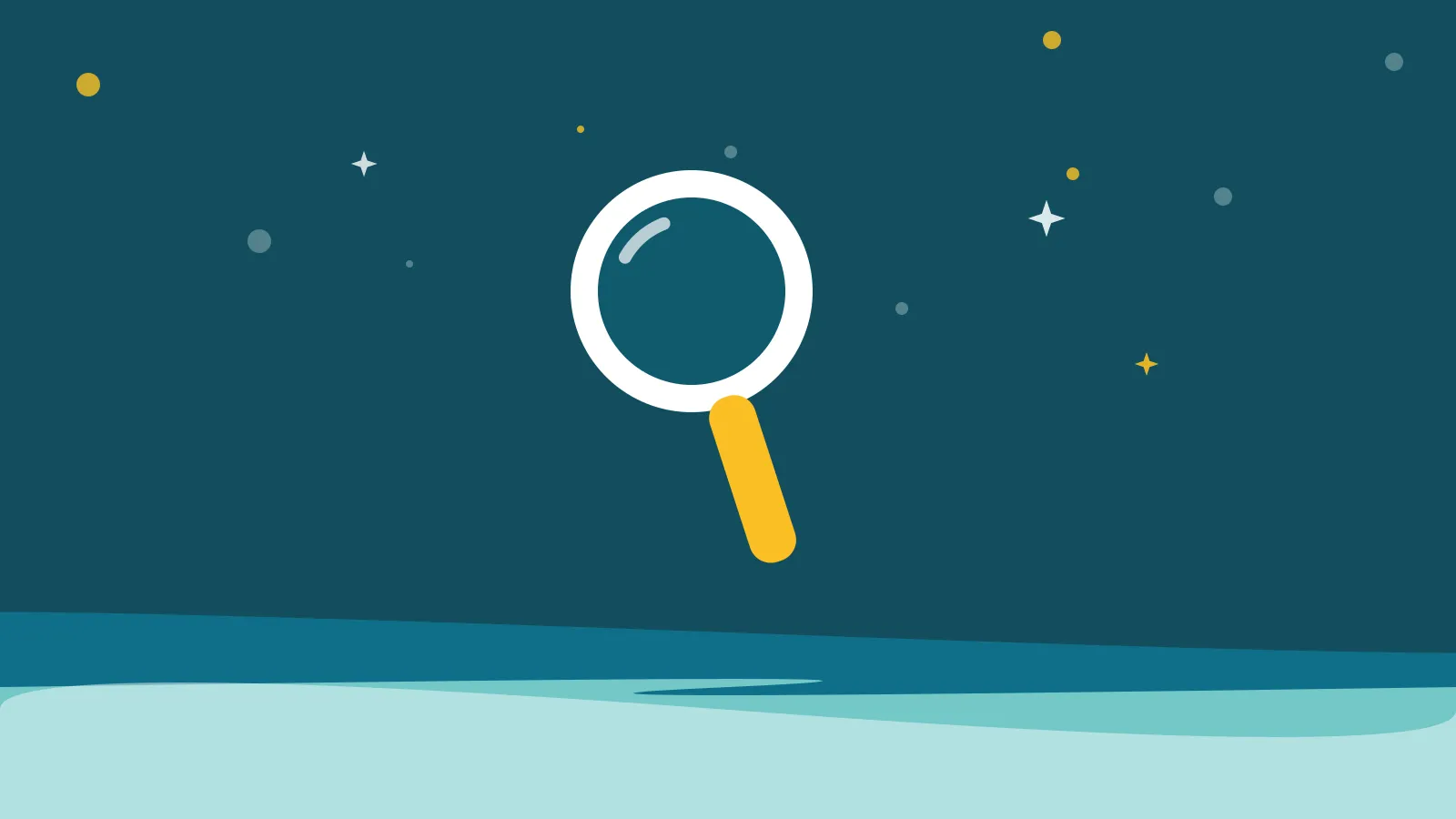 Illustration of a magnifying glass held above calm teal ocean waves