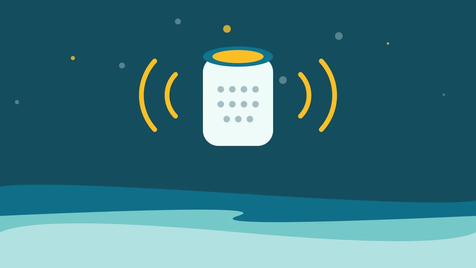 Illustration of a white smart speaker with a lit amber ring and sound arcs either side, over calm teal waves