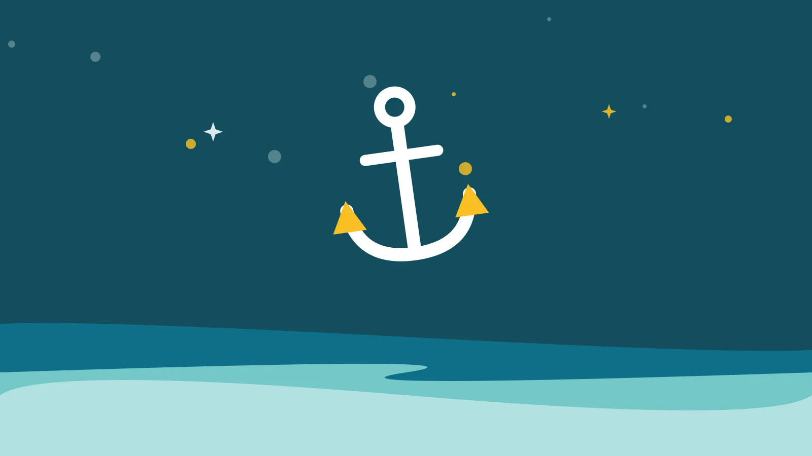 Illustration of a white ship's anchor with golden flukes above calm teal waves
