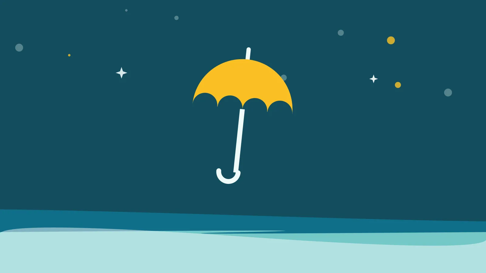 Illustration of a bright yellow umbrella sheltering above calm teal waves