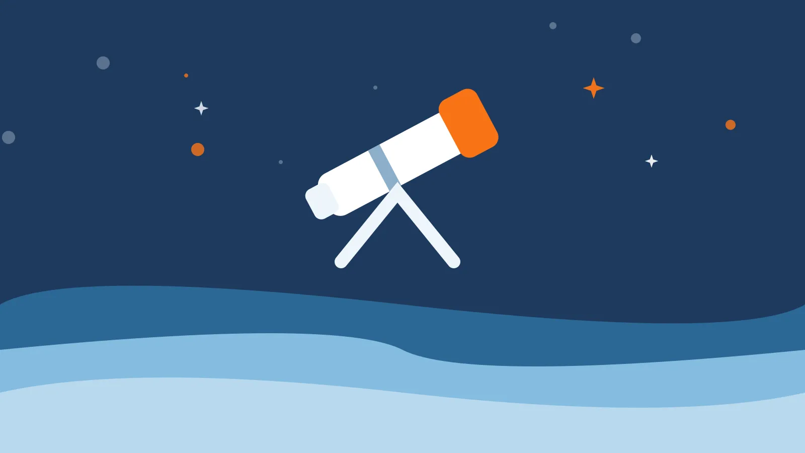 Illustration of a white telescope on a tripod with an orange eyepiece above deep blue ocean waves