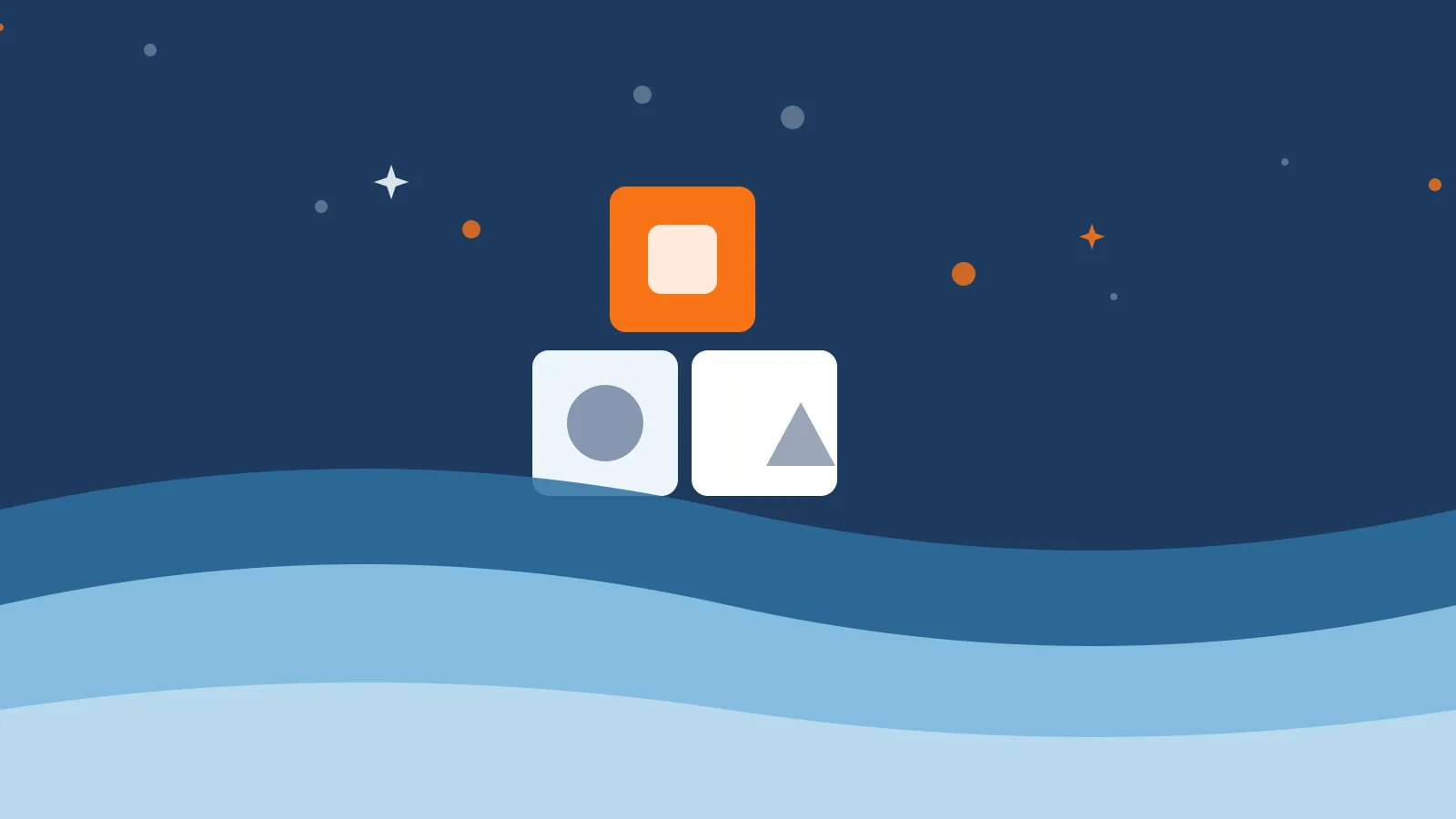 Illustration of three stacked toy blocks in orange and white above deep blue ocean waves