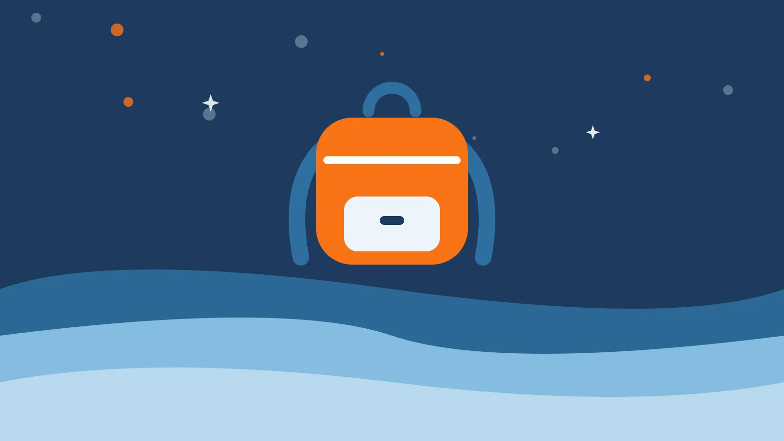 Illustration of an orange backpack with blue shoulder straps above deep blue ocean waves