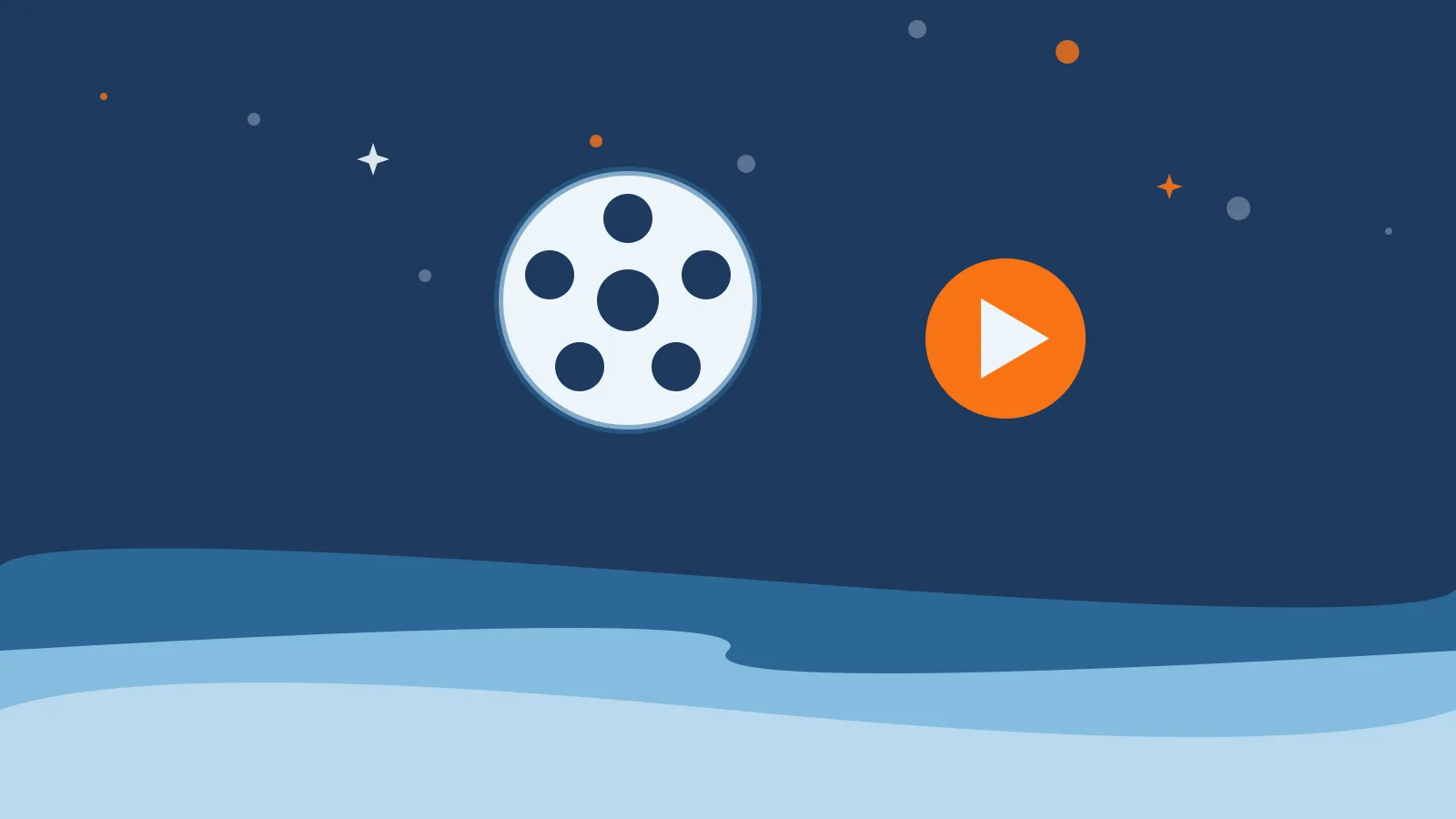 Illustration of a white film reel beside an orange circle holding a white play triangle, above deep blue ocean waves