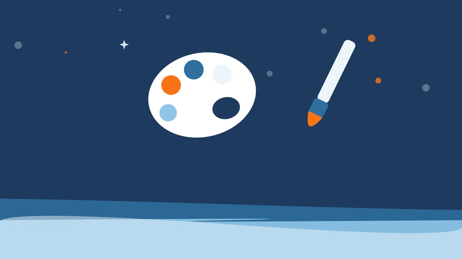 Illustration of a white artist's palette with orange and blue paint dabs beside a paintbrush, above deep blue ocean waves